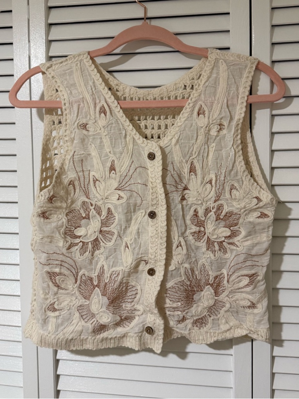 Crochet Floral Button Front Vest in Cream and Brown